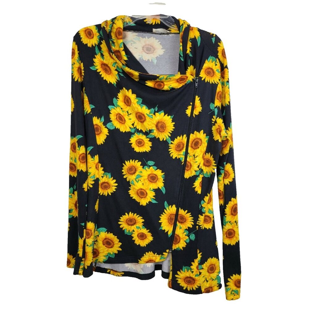 Blumin Apparel‎ BOHO Jacket Womens Large Black Yellow Sunflower Print Angled Zip